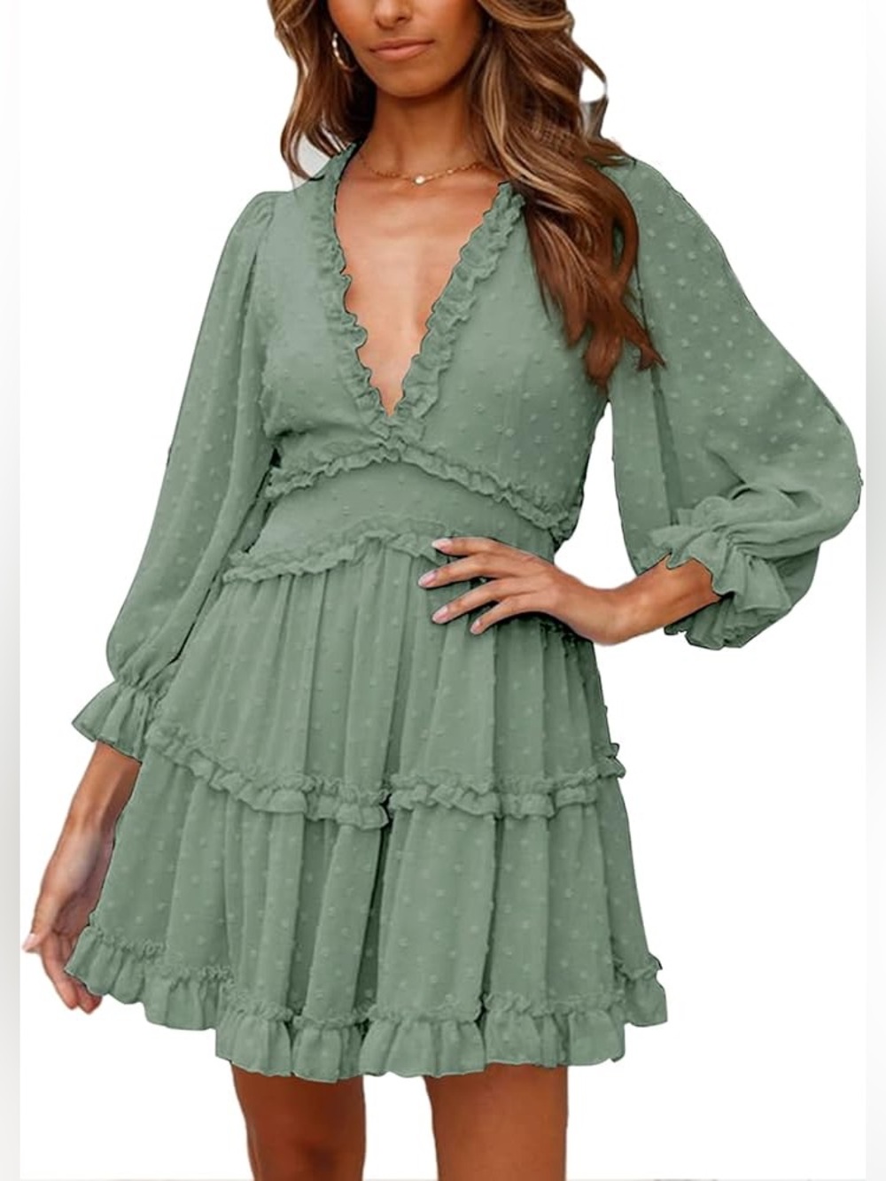 Green Long Sleeve Ruffle Layer Backless Mini Dress - Picture 9 of 9